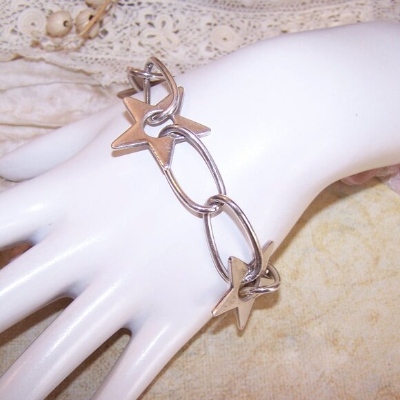 Vintage Sterling Silver Link Bracelet with Stars - 7.25" Wearable - Picture 2 of 7